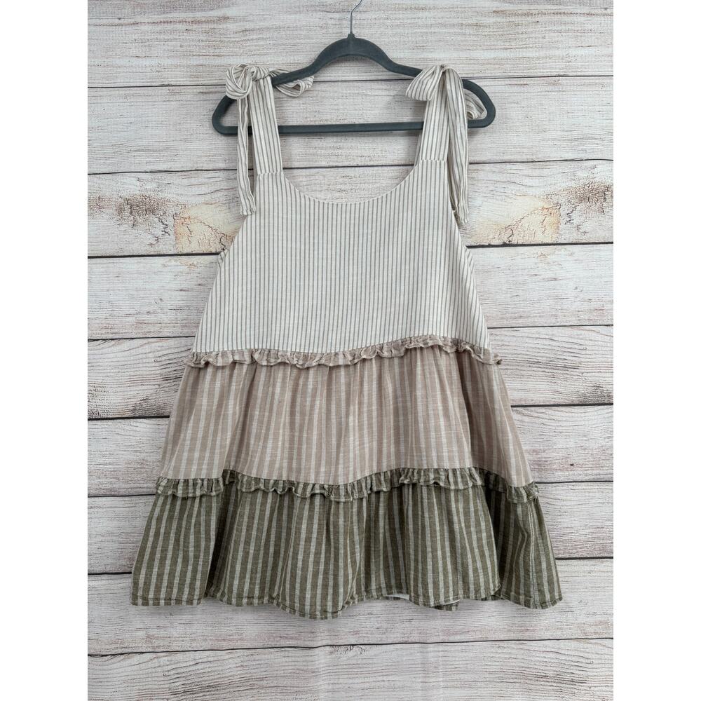 MINE Anthropologie Striped Tank Mini Dress Womens Large White Beige Lined tie